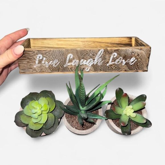 Artificial Succulent Plants in a Farmhouse Style Wooden Planter - Picture 4 of 6